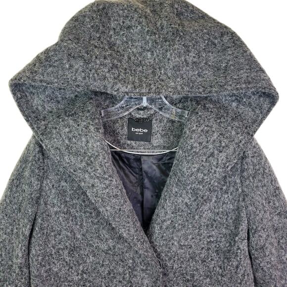 BEBE GRAY TWO TONE WOOL BLEND WRAP COAT Sz Medium Hooded Pockets Snap Button - Picture 2 of 12